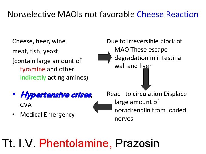 Nonselective MAOIs not favorable Cheese Reaction Cheese, beer, wine, meat, fish, yeast, (contain large