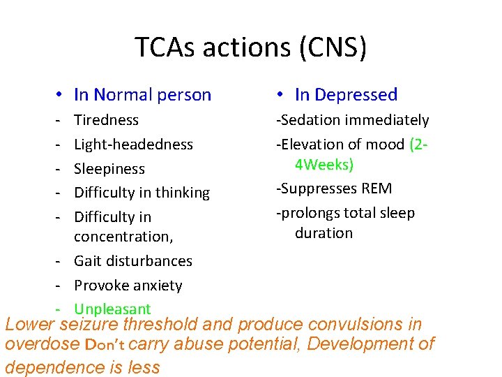 TCAs actions (CNS) • In Normal person • In Depressed - -Sedation immediately -Elevation