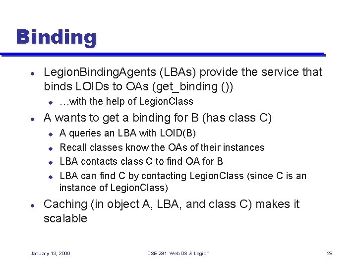 Binding l Legion. Binding. Agents (LBAs) provide the service that binds LOIDs to OAs