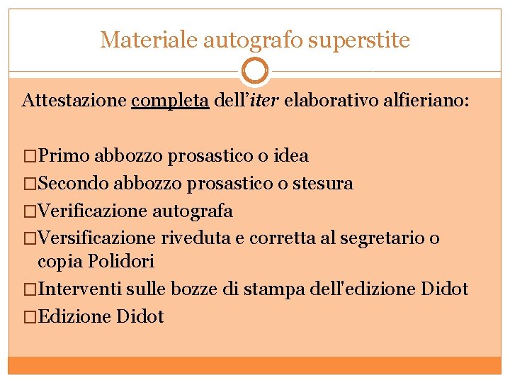 Materiale autografo superstite Attestazione completa dell’iter elaborativo alfieriano: �Primo abbozzo prosastico o idea �Secondo