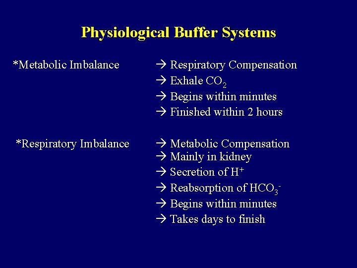 Physiological Buffer Systems *Metabolic Imbalance Respiratory Compensation Exhale CO 2 Begins within minutes Finished