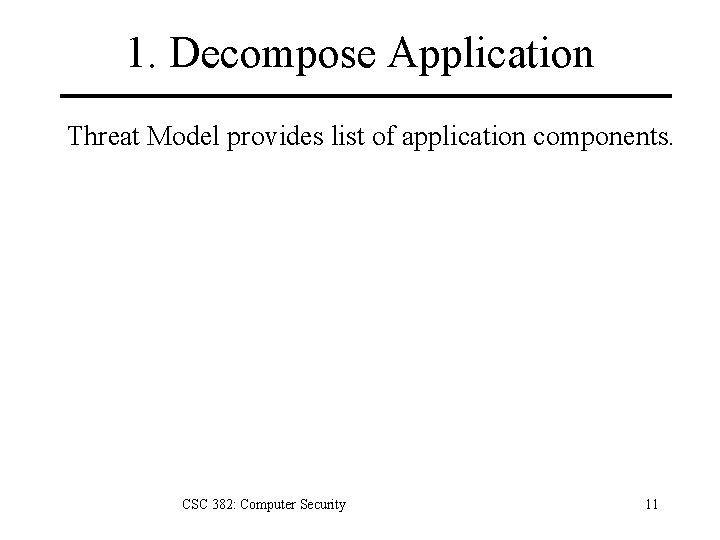 1. Decompose Application Threat Model provides list of application components. CSC 382: Computer Security