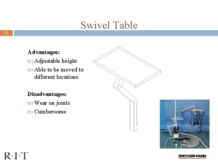 Swivel Table 20 Advantages: Adjustable height Able to be moved to different locations Disadvantages:
