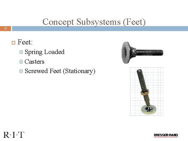 Concept Subsystems (Feet) 29 Feet: Spring Loaded Casters Screwed Feet (Stationary) 