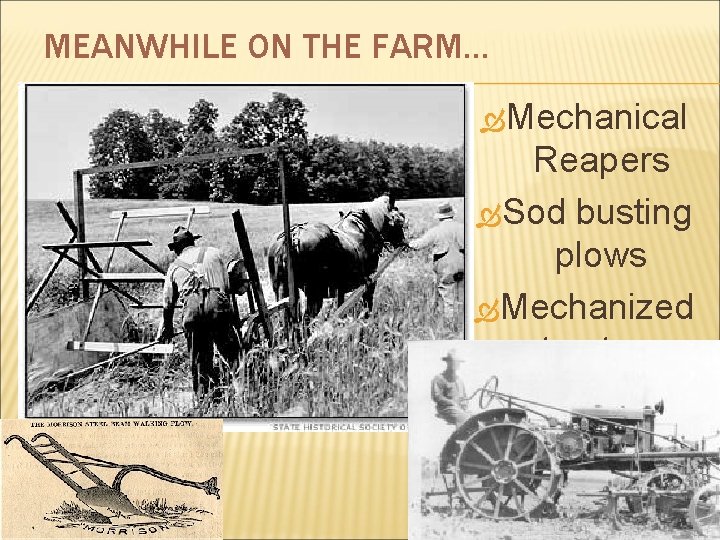 MEANWHILE ON THE FARM… Mechanical Reapers Sod busting plows Mechanized tractors 