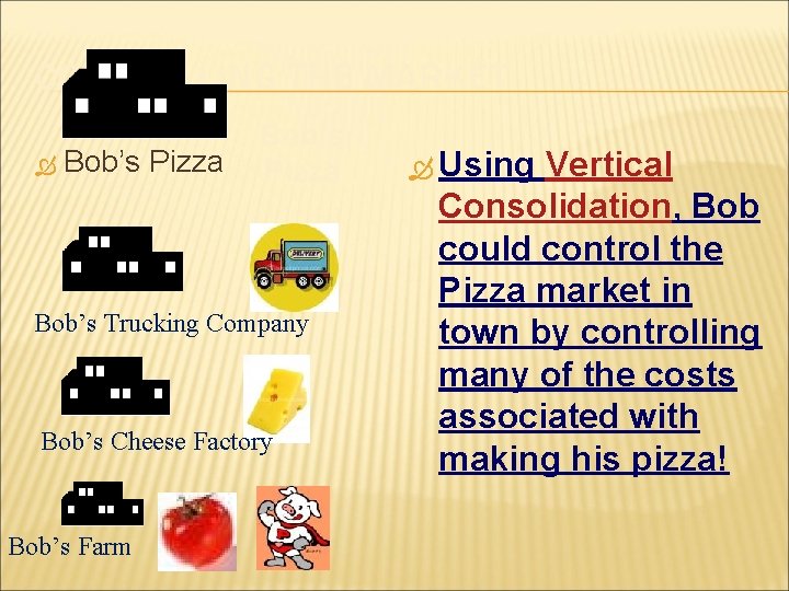 CONTROLLING THE MARKET Bob’s Pizza Bob’s Trucking Company Bob’s Cheese Factory Bob’s Farm Using