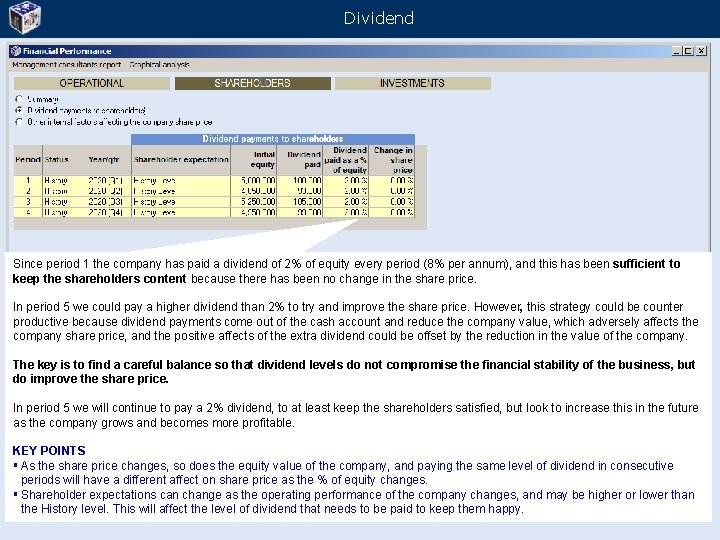 Dividend Since period 1 the company has paid a dividend of 2% of equity