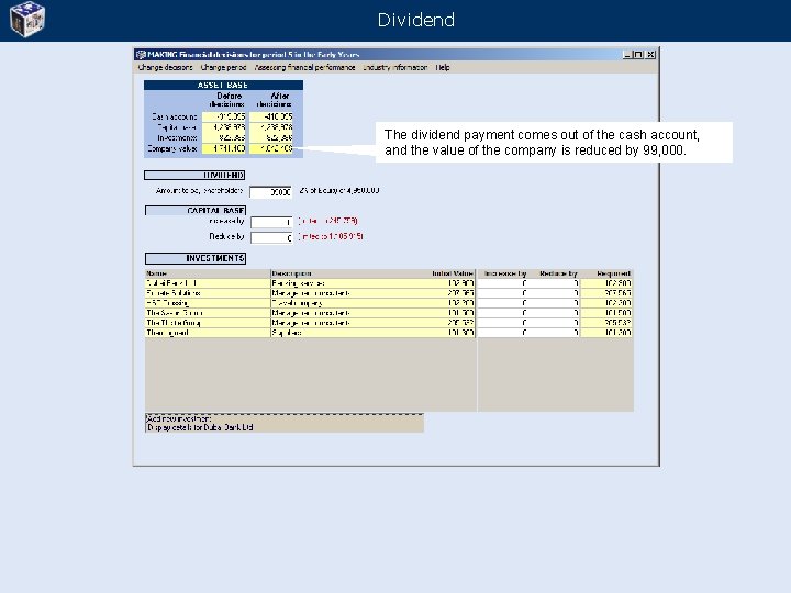 Dividend The dividend payment comes out of the cash account, and the value of