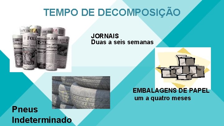 TEMPO DE DECOMPOSIÇÃO JORNAIS Duas a seis semanas EMBALAGENS DE PAPEL um a quatro