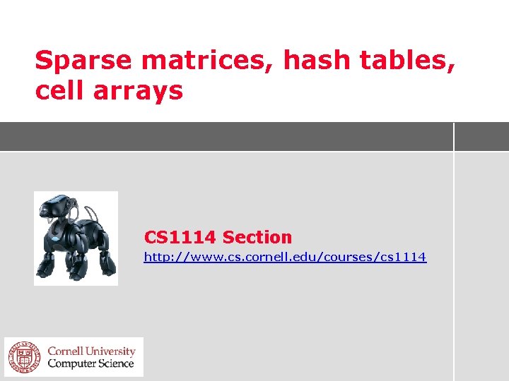 Sparse matrices, hash tables, cell arrays CS 1114 Section http: //www. cs. cornell. edu/courses/cs
