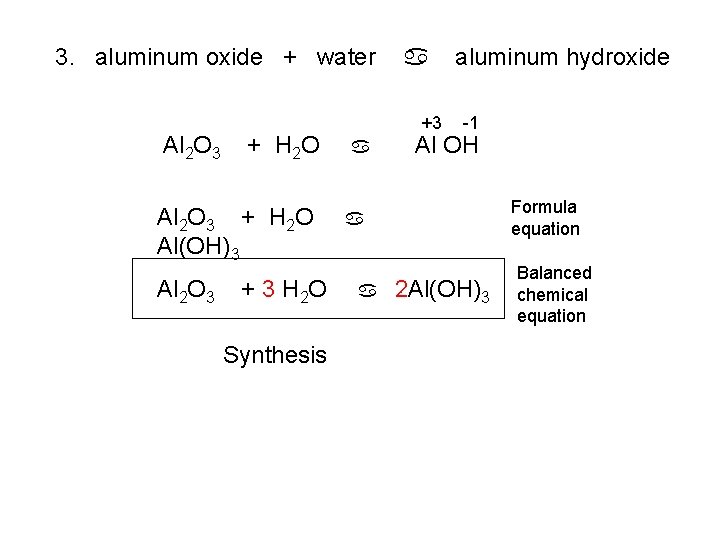 3. aluminum oxide + water Al 2 O 3 + H 2 O Al(OH)3