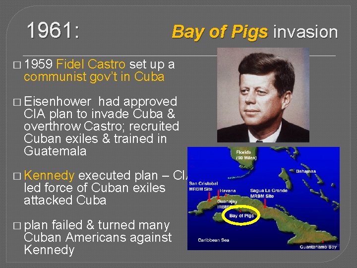 1961: Bay of Pigs invasion � 1959 Fidel Castro set up a communist gov’t