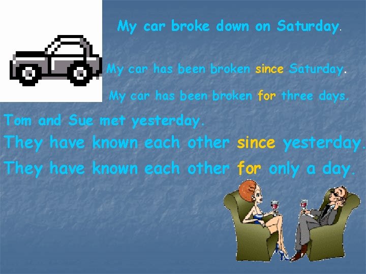 My car broke down on Saturday. My car has been broken since Saturday. My