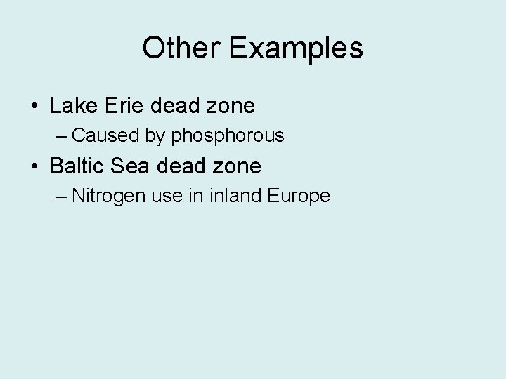 Other Examples • Lake Erie dead zone – Caused by phosphorous • Baltic Sea