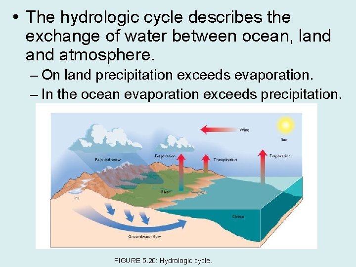  • The hydrologic cycle describes the exchange of water between ocean, land atmosphere.