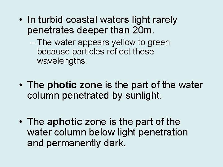  • In turbid coastal waters light rarely penetrates deeper than 20 m. –