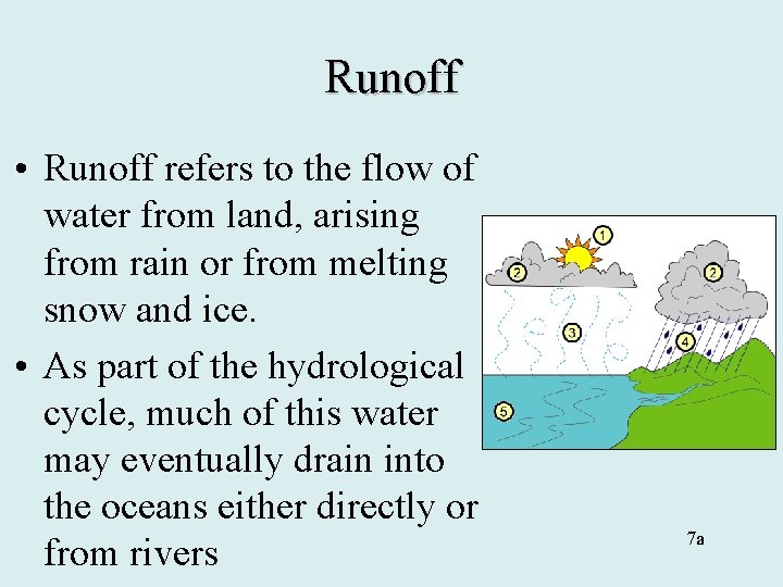 Runoff • Runoff refers to the flow of water from land, arising from rain