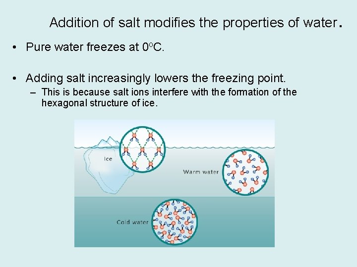 Addition of salt modifies the properties of water. • Pure water freezes at 0