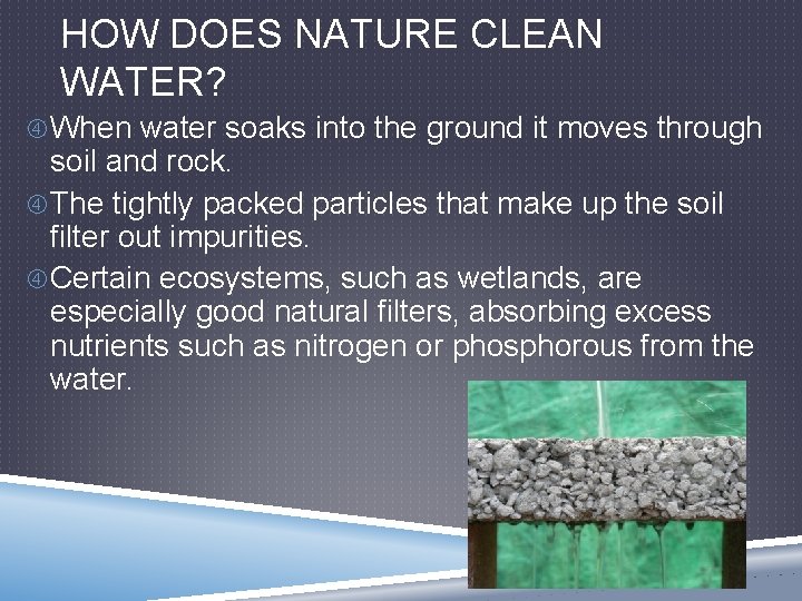 HOW DOES NATURE CLEAN WATER? When water soaks into the ground it moves through