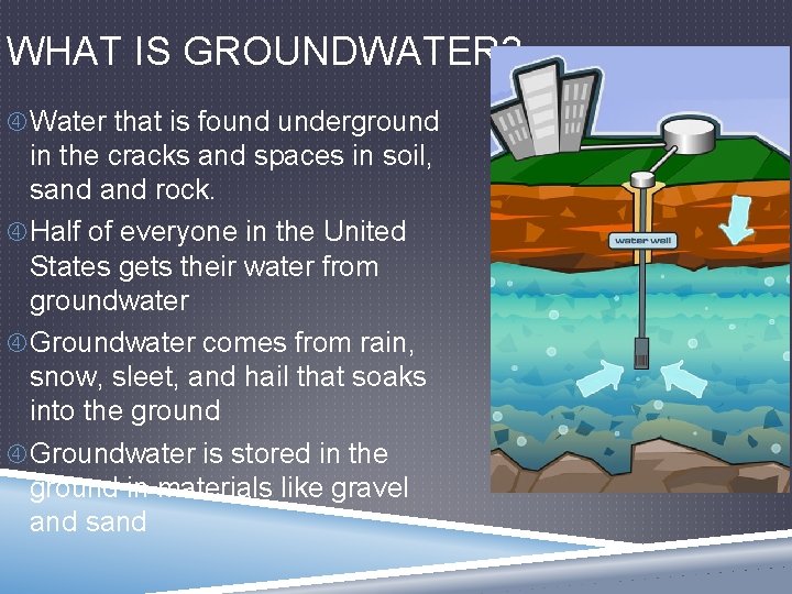 WHAT IS GROUNDWATER? Water that is found underground in the cracks and spaces in