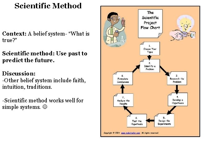 Scientific Method Context: A belief system- “What is true? ” Scientific method: Use past