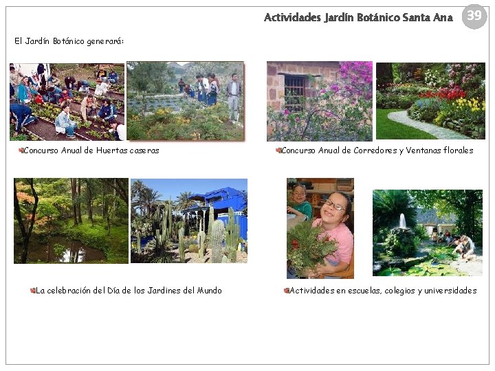 Actividades Jardín Botánico Santa Ana 39 El Jardín Botánico generará: Concurso Anual de Huertas