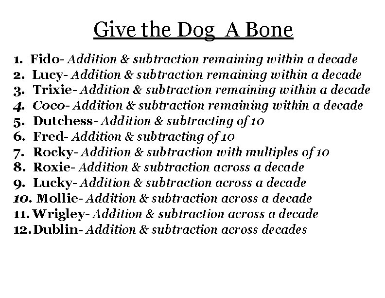 Give the Dog A Bone 1. Fido- Addition & subtraction remaining within a decade