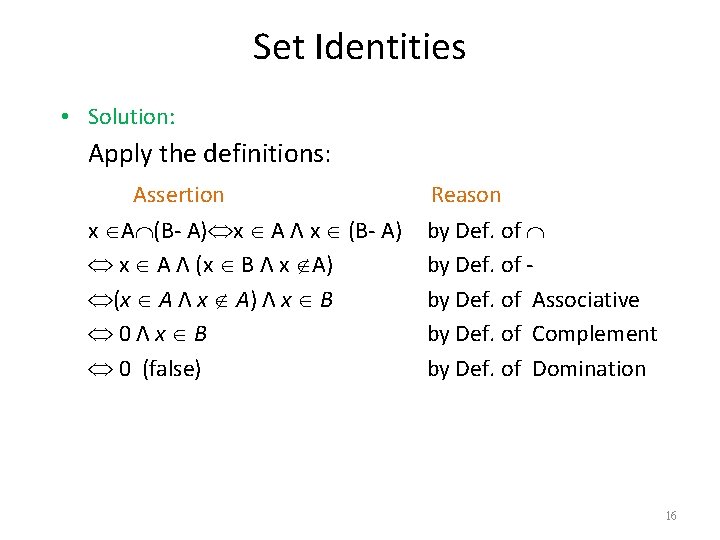 Set Identities • Solution: Apply the definitions: Assertion x A (B- A) x A