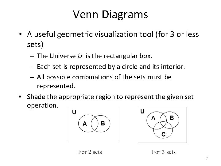 Venn Diagrams • A useful geometric visualization tool (for 3 or less sets) –