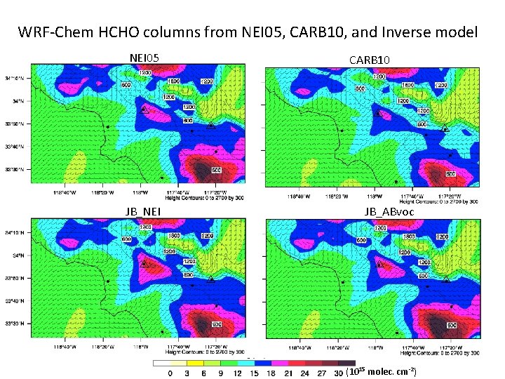 WRF-Chem HCHO columns from NEI 05, CARB 10, and Inverse model NEI 05 JB_NEI