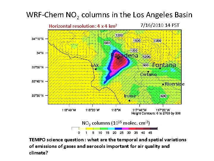 WRF-Chem NO 2 columns in the Los Angeles Basin 7/16/2010 14 PST Horizontal resolution: