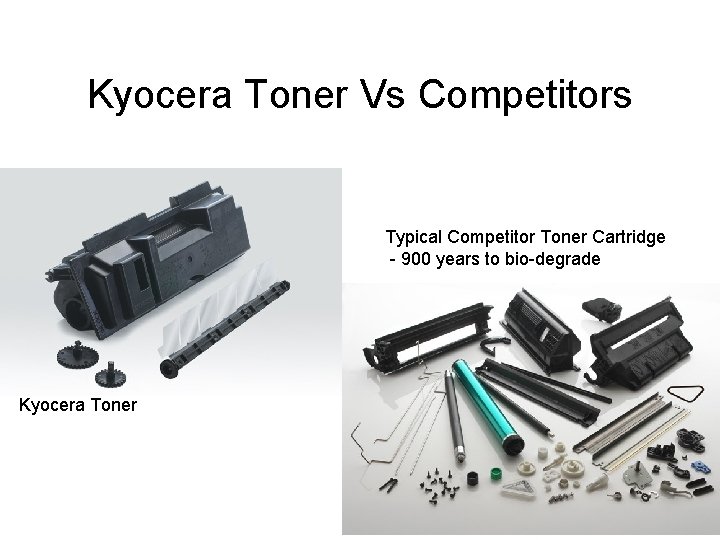 Kyocera Toner Vs Competitors Typical Competitor Toner Cartridge - 900 years to bio-degrade Kyocera