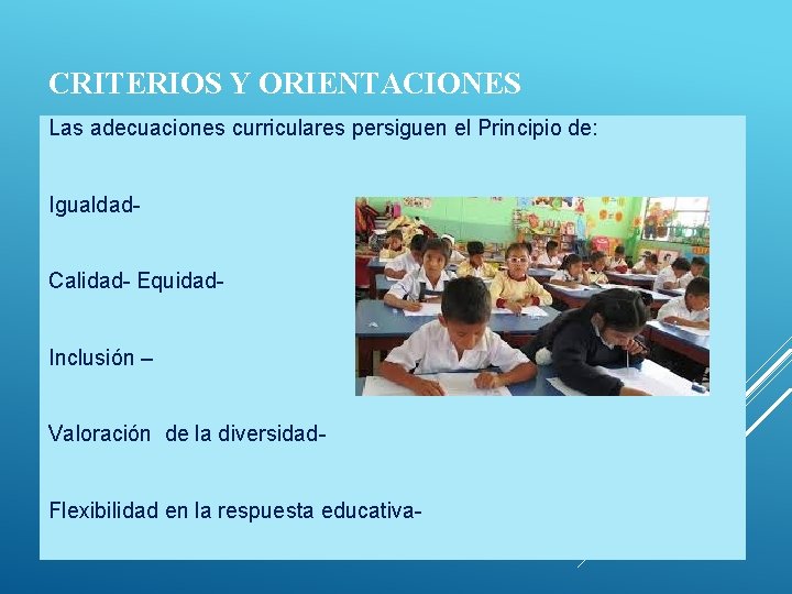 CRITERIOS Y ORIENTACIONES Las adecuaciones curriculares persiguen el Principio de: Igualdad. Calidad- Equidad. Inclusión