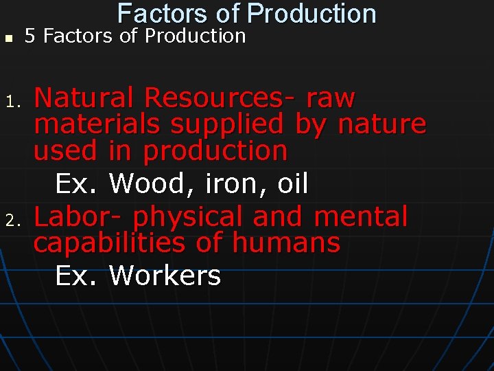 Factors of Production n 1. 2. 5 Factors of Production Natural Resources- raw materials