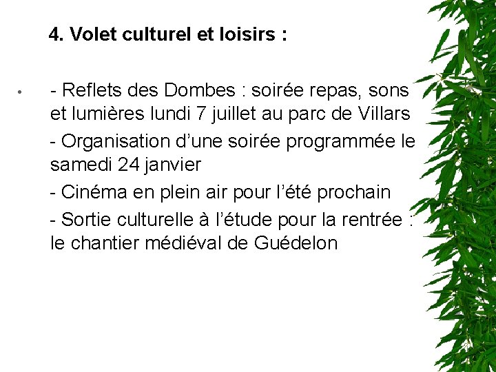 4. Volet culturel et loisirs : • - Reflets des Dombes : soirée repas,