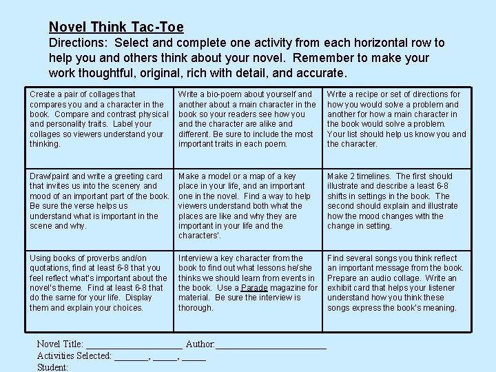 Novel Think Tac-Toe Directions: Select and complete one activity from each horizontal row to