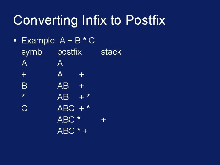 Converting Infix to Postfix § Example: A + B * C symb postfix stack