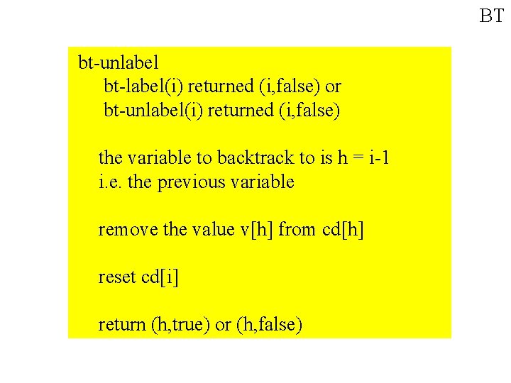 BT bt-unlabel bt-label(i) returned (i, false) or bt-unlabel(i) returned (i, false) the variable to