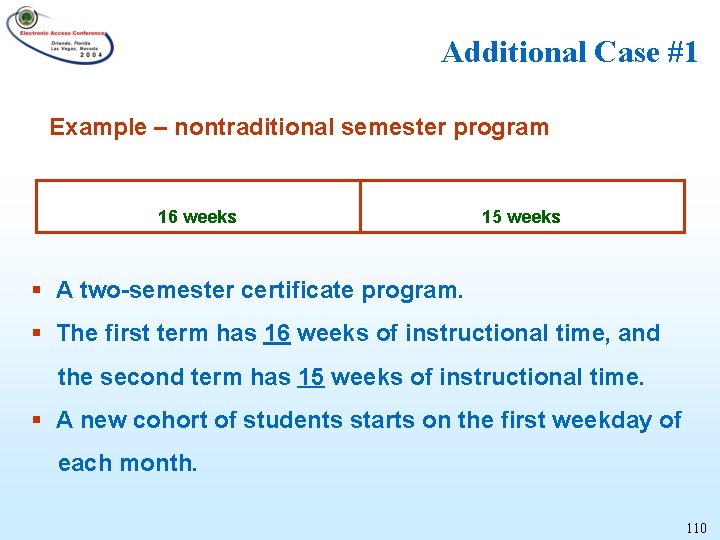 Additional Case #1 Example – nontraditional semester program 16 weeks 15 weeks § A