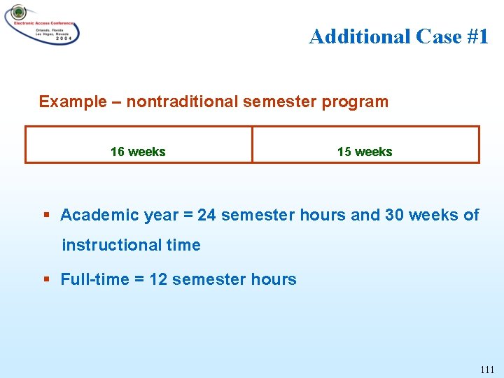 Additional Case #1 Example – nontraditional semester program 16 weeks 15 weeks § Academic