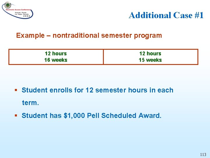 Additional Case #1 Example – nontraditional semester program 12 hours 16 weeks 12 hours