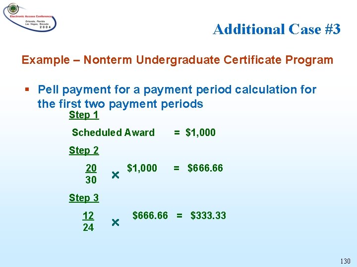 Additional Case #3 Example – Nonterm Undergraduate Certificate Program § Pell payment for a