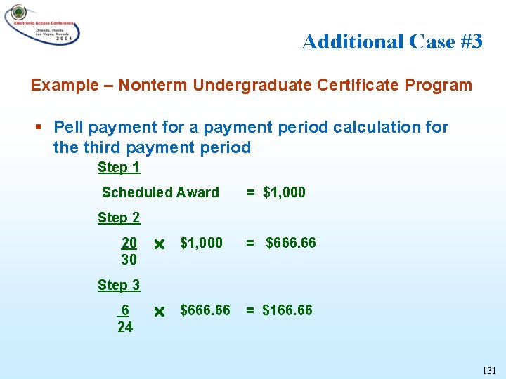 Additional Case #3 Example – Nonterm Undergraduate Certificate Program § Pell payment for a