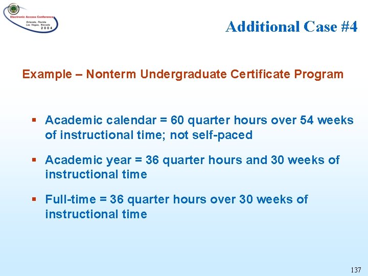 Additional Case #4 Example – Nonterm Undergraduate Certificate Program § Academic calendar = 60