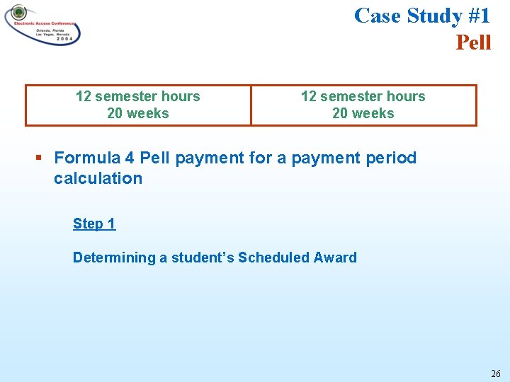 Case Study #1 Pell 12 semester hours 20 weeks § Formula 4 Pell payment