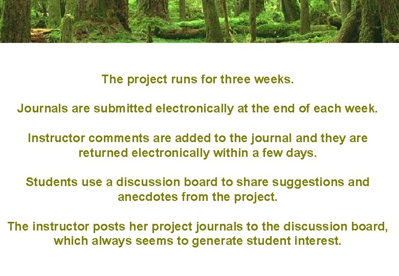 The project runs for three weeks. Journals are submitted electronically at the end of