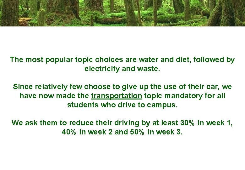 The most popular topic choices are water and diet, followed by electricity and waste.