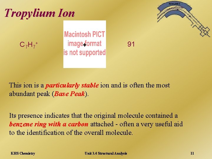 Tropylium Ion C 7 H 7+ + 91 This ion is a particularly stable