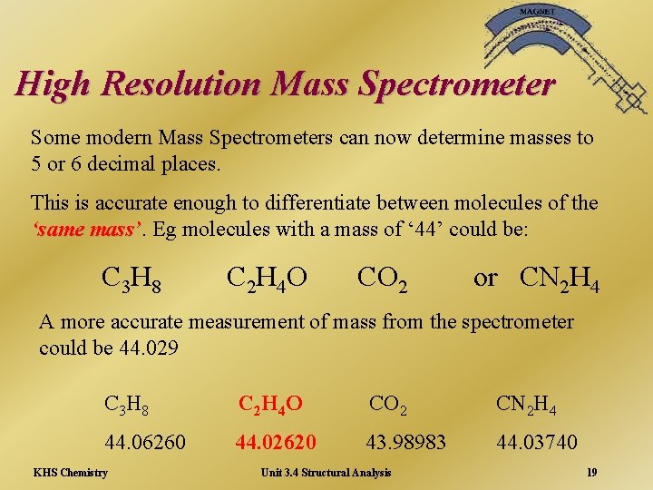 High Resolution Mass Spectrometer Some modern Mass Spectrometers can now determine masses to 5