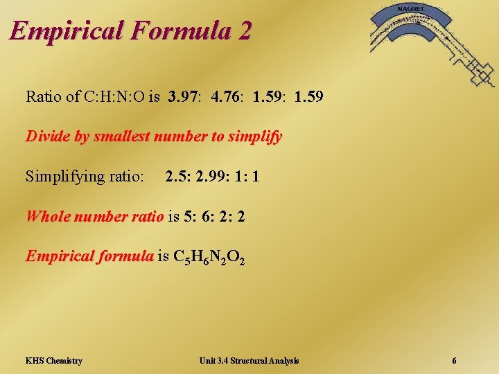 Empirical Formula 2 Ratio of C: H: N: O is 3. 97: 4. 76: